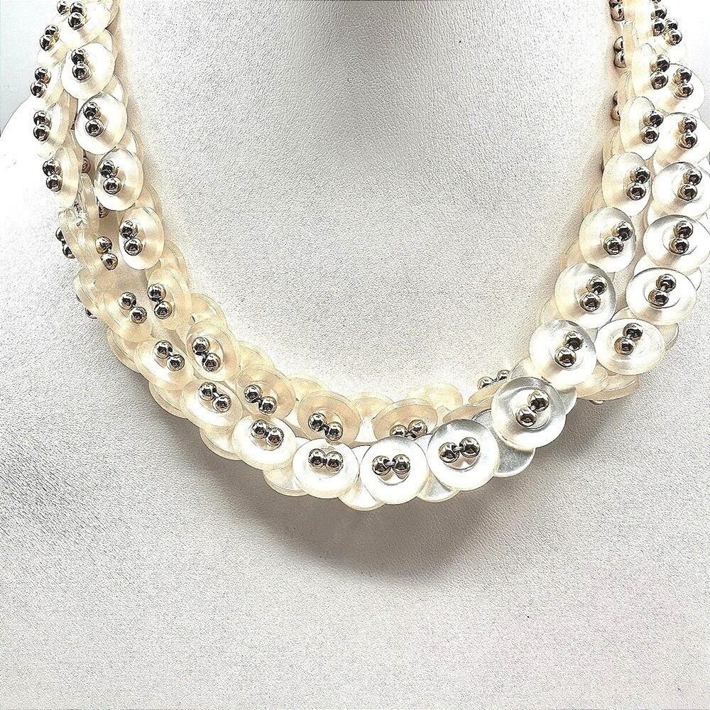 Vintage 90s White MOP Shell Button Collar Necklace Gold Tone Beads Runway Style